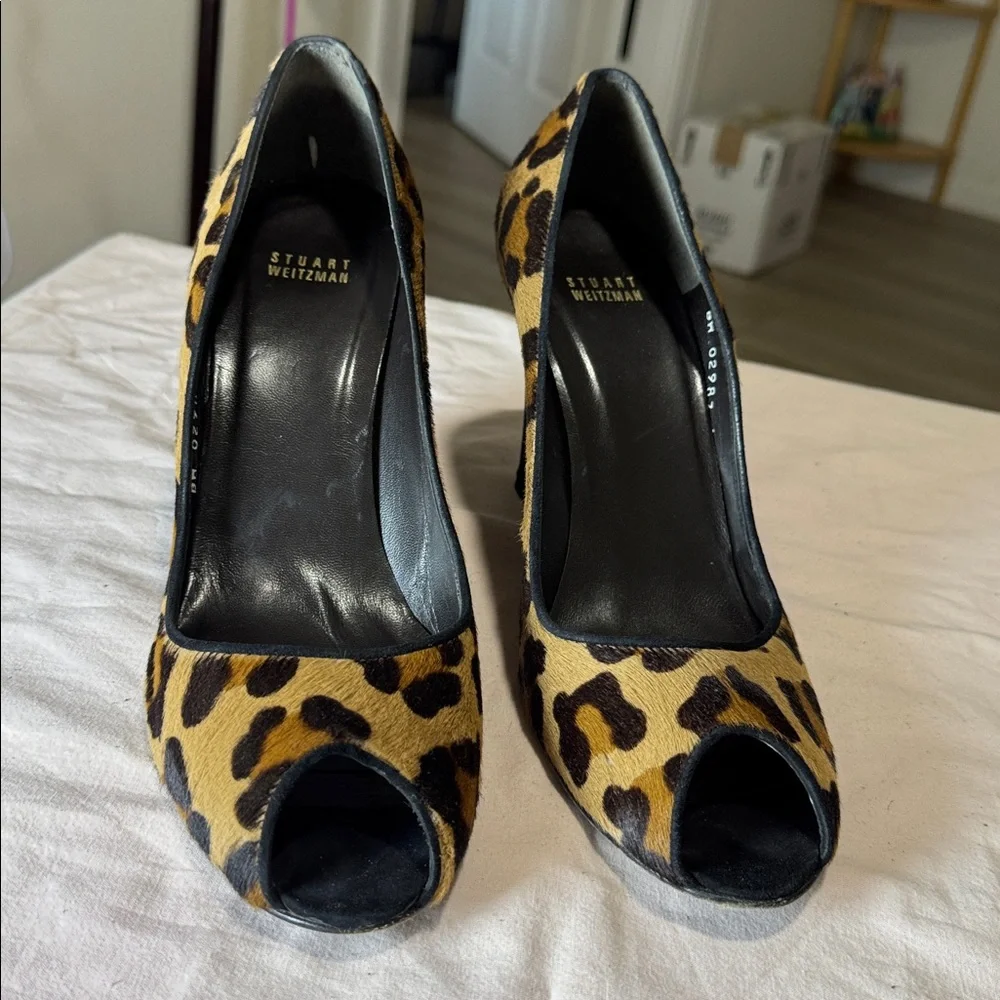Stuart Weitzman Leopard Calf Hair Peep Toe Wedge Pumps Size 11 M - Picture 10 of 11
